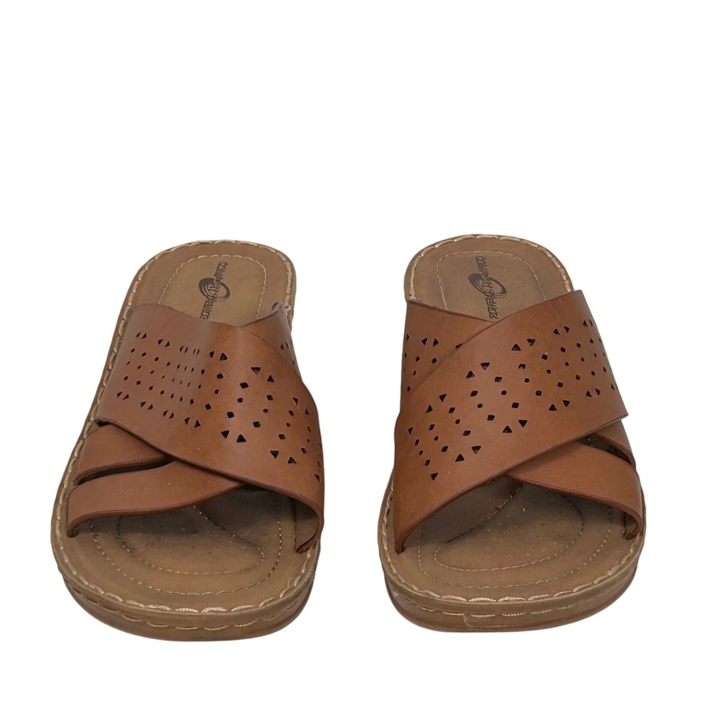 Comfort Trendz Sandals Womens 10 Brown Wedge Slide Laser Cut Perforated Casual - Picture 2 of 10